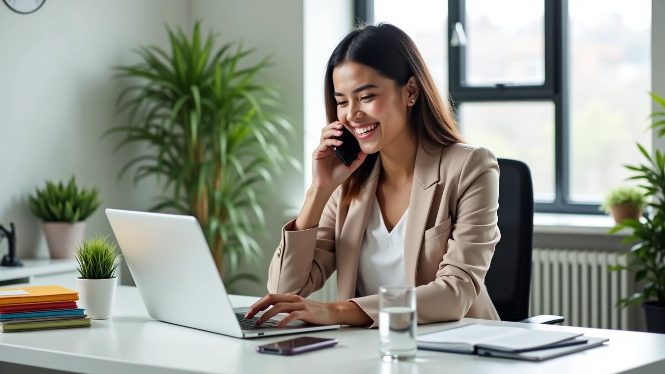 a woman in a suit and smiling while talking on her phone