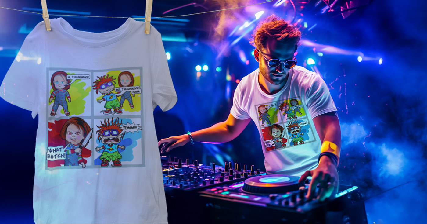 “Comic-style t‑shirt design shown on a hanger and worn by a DJ at an event - illustrated apparel artwork.”