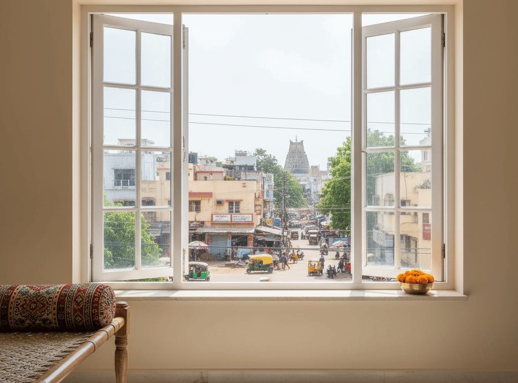 a window with a view of a city street