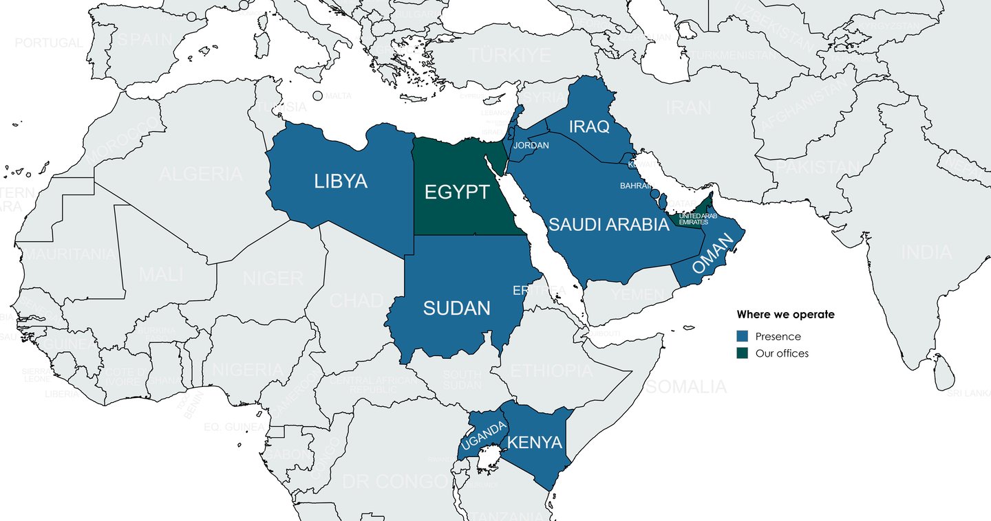 Map of AxsuR presence across UAE, Egypt, Saudi Arabia, Iraq, Libya, Sudan, Kenya, and Uganda.