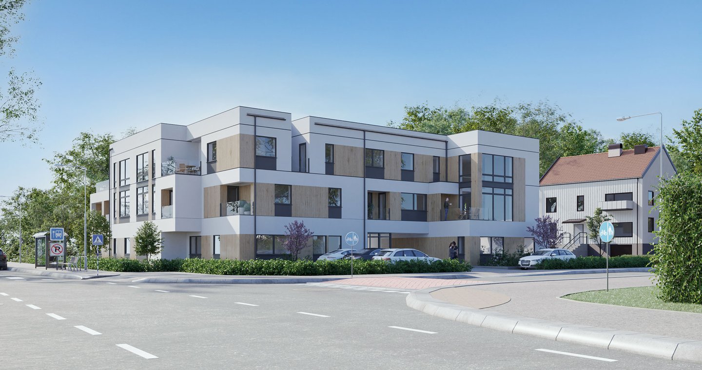 Exterior view of a contemporary residential building featuring large windows, clean lines, and modern architectural elements.