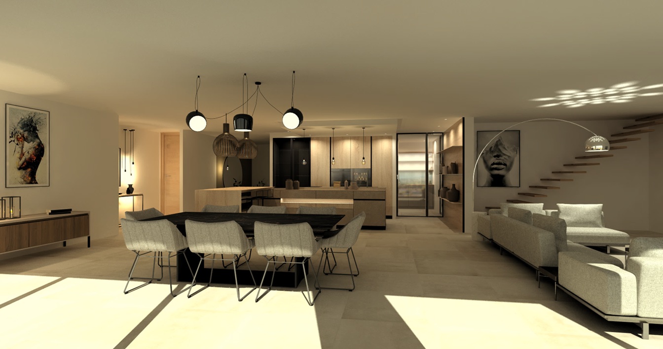 a dining room with a table and chairs