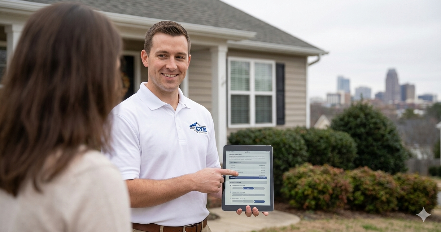 Durham NC contractor explaining roofing gutter and siding project to homeowners