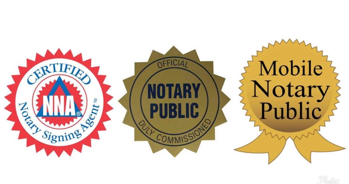 Certified NNA Notary Signing Agent, Official Notary Public, and Mobile Notary Public seal logos.