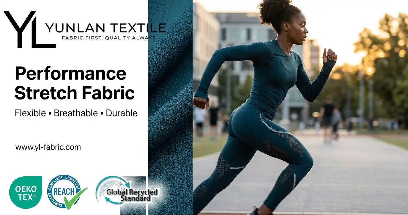 Woman jogging in breathable performance stretch fabric activewear by Yunlan Textile.