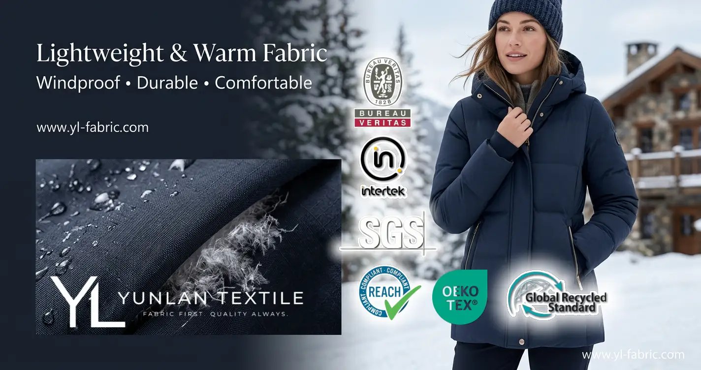 Winter-jacket fabric banner highlighting warmth and comfort.