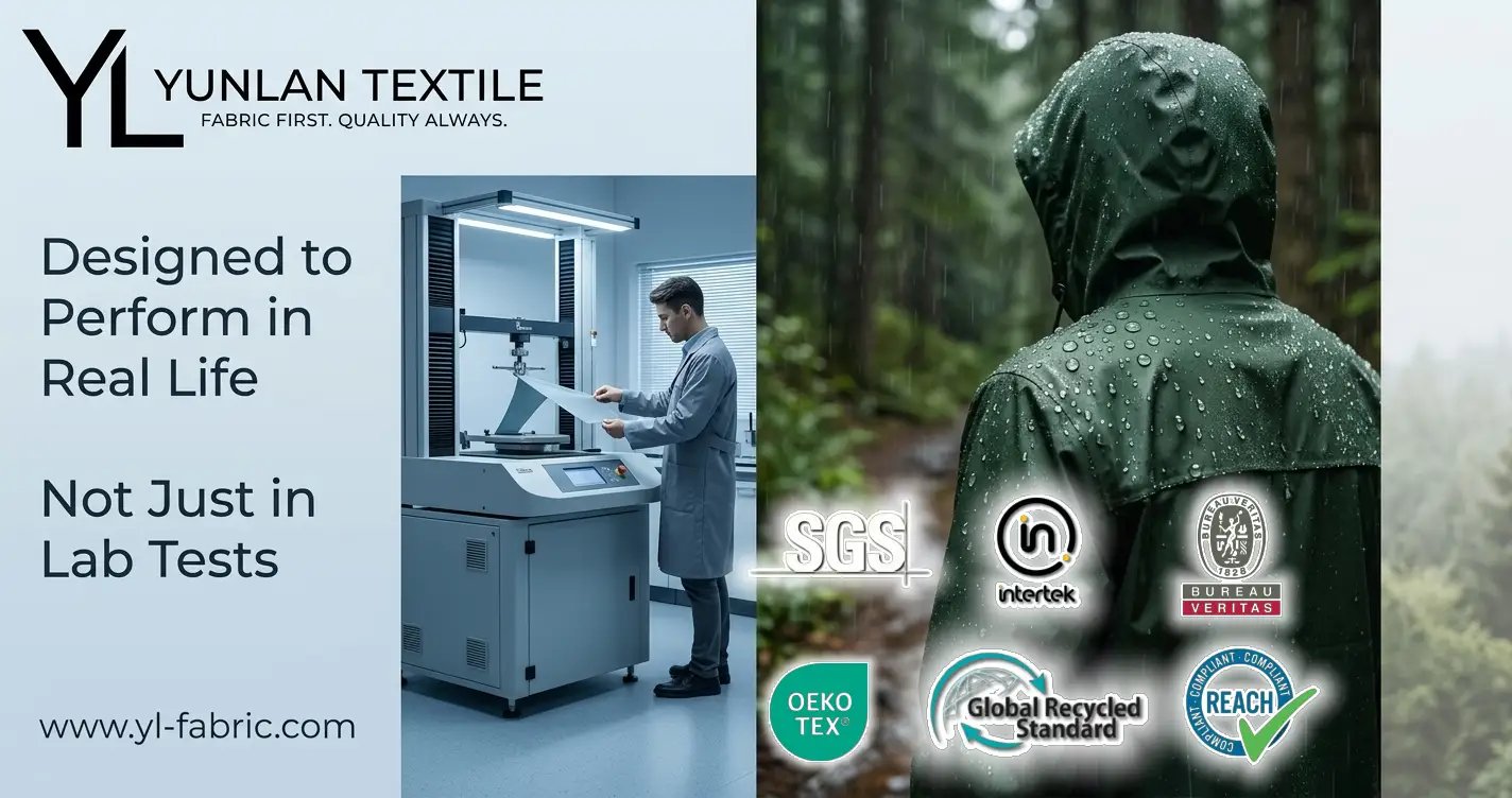 fabric performance testing and waterproof outdoor jacket showing real use vs lab testing