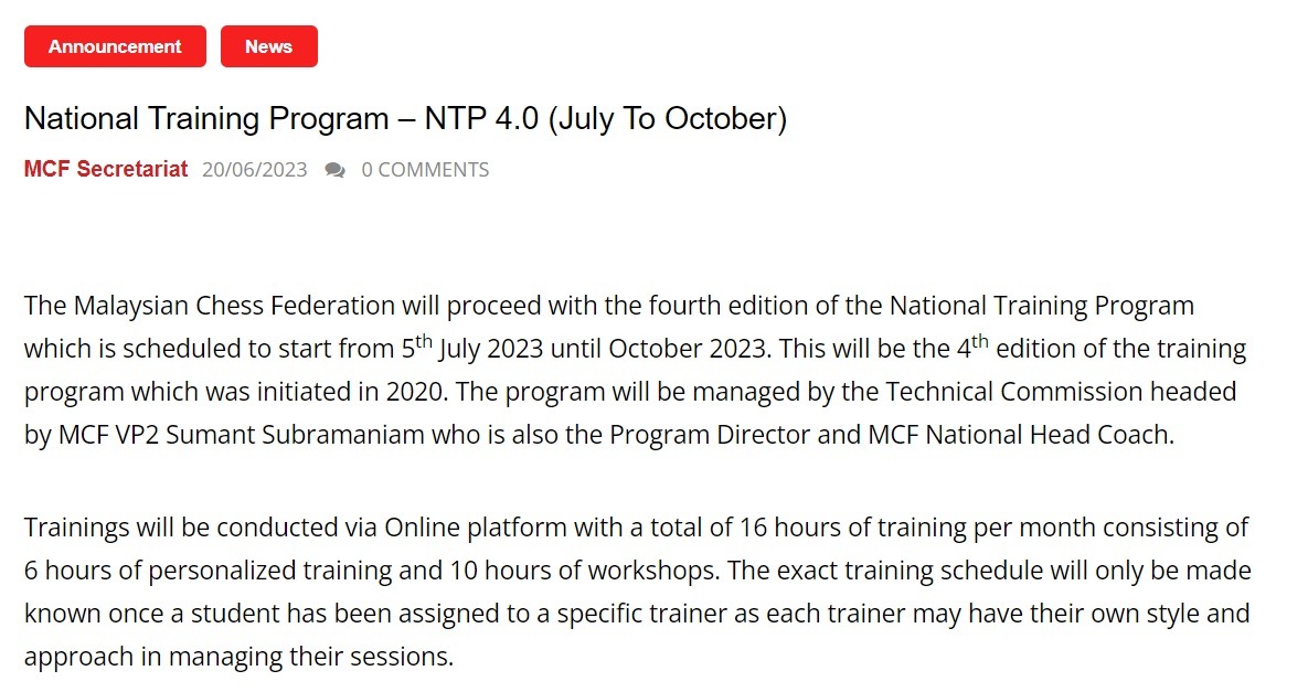 National Training Program 2023 by Malaysian Chess Federation 