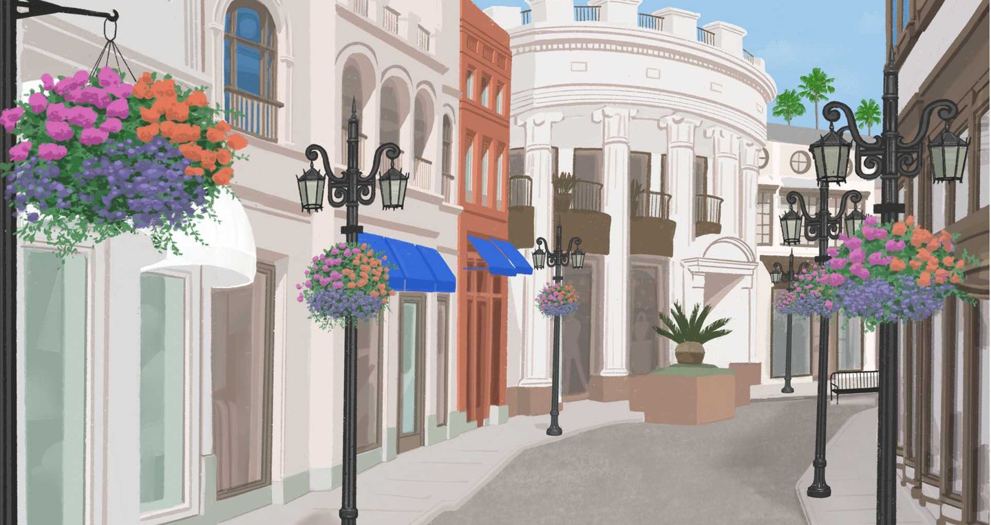 a street scene with a street light and flowers