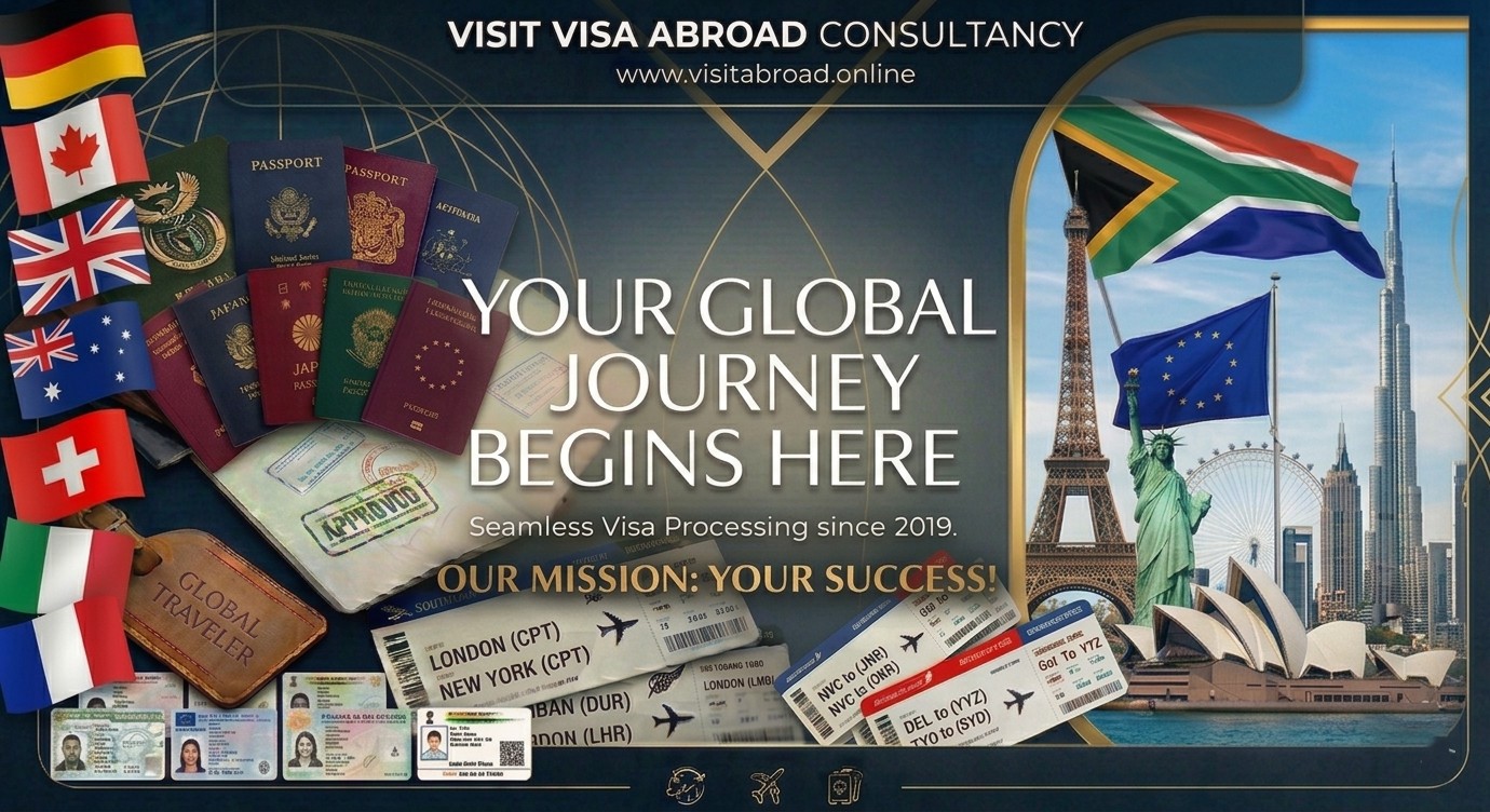Travel consultancy banner: 'YOUR GLOBAL JOURNEY BEGINS HERE' with international passports, flags.