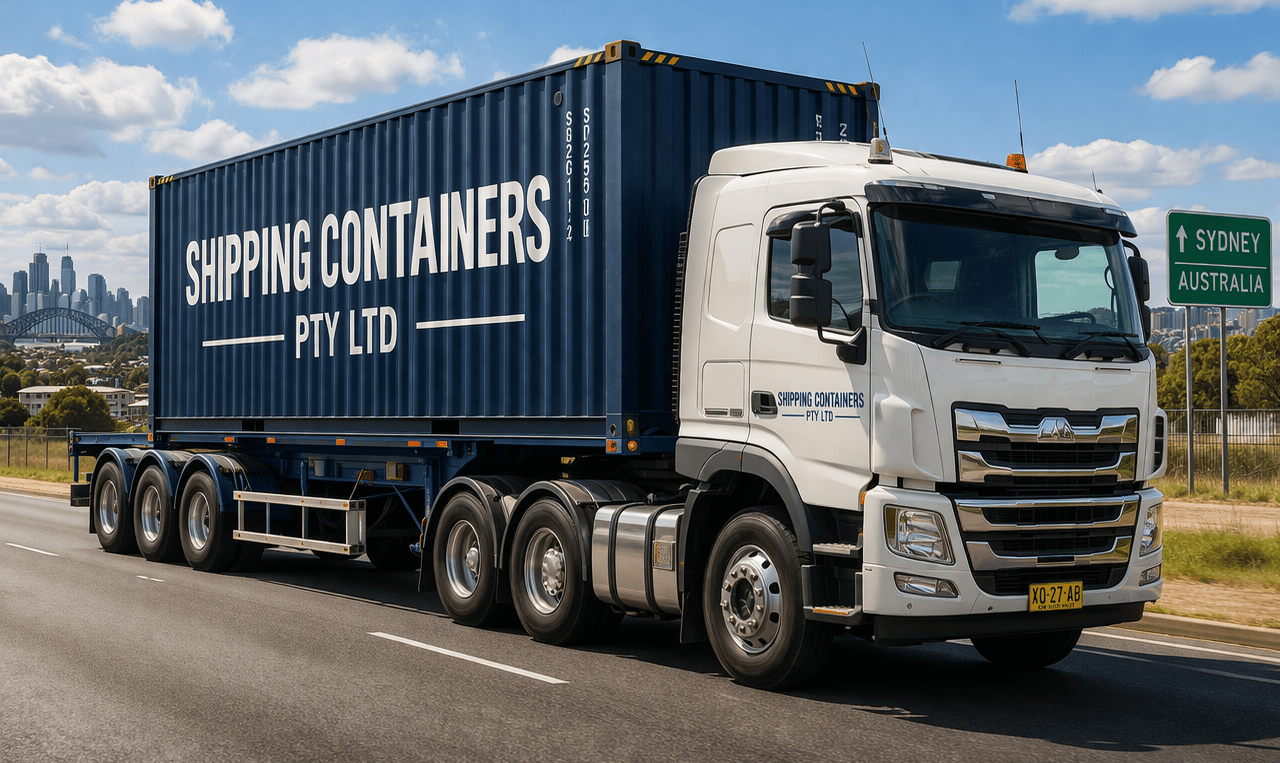 A white semi-trailer truck transporting a blue shipping container on a highway toward Sydney, Australia.