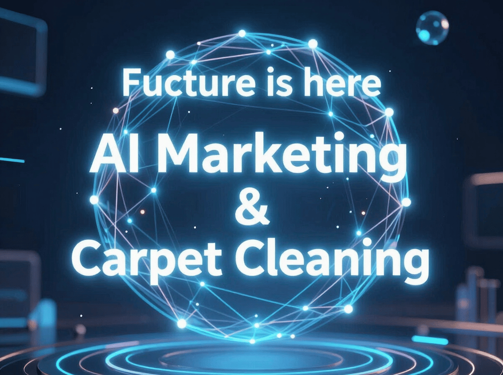 A cozy living room with freshly cleaned upholstered furniture and a laptop showing AI marketing analytics.