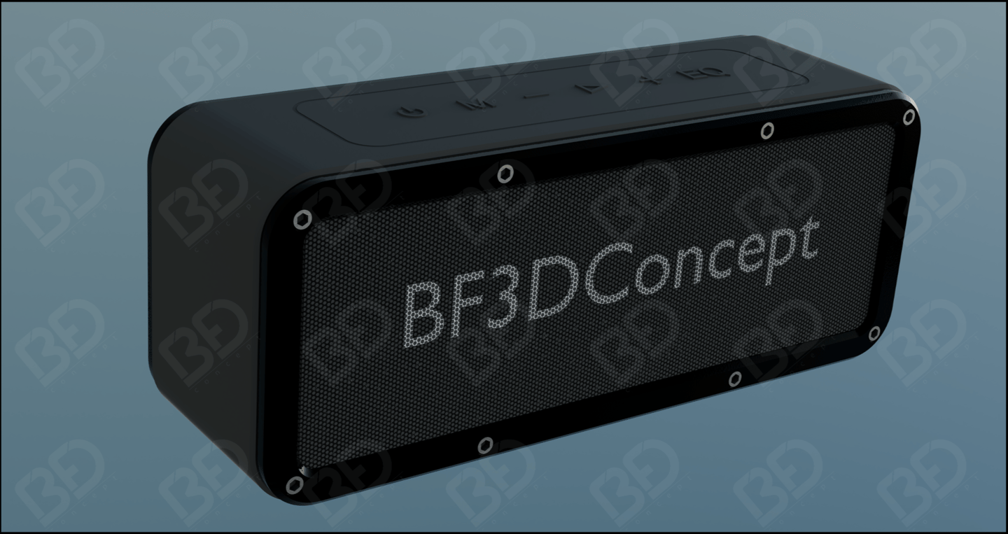 Rendu 3D d’une enceinte Bluetooth personnalisée avec logo BF3DConcept