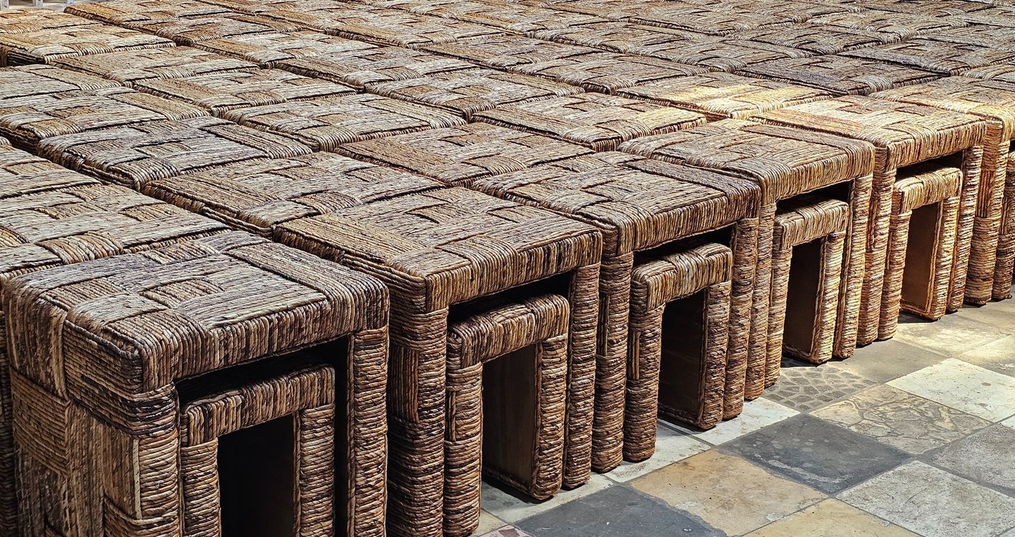 Table stool in abstract block banana fiber weave.