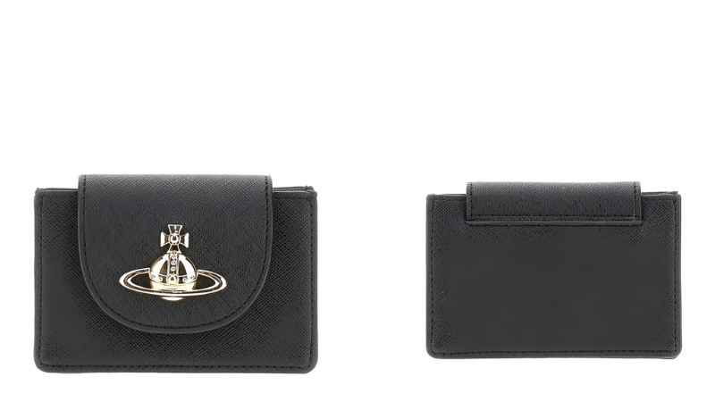 a black  vivienne westwood wallet with a silver metal clasp and a silver metal clasp