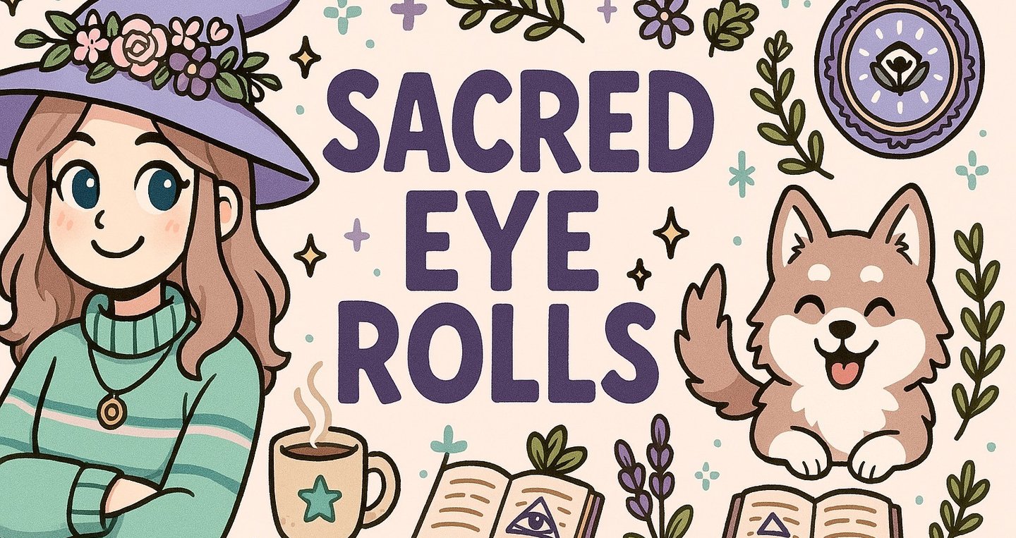 Sacred Eye Rolls witchy merchandise featuring corgi, coffee, and mystical decor