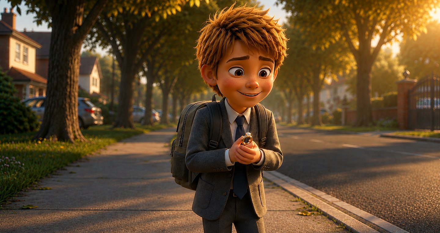 Animated boy in a suit holding a diamond ring on a sunny suburban sidewalk with a backpack.