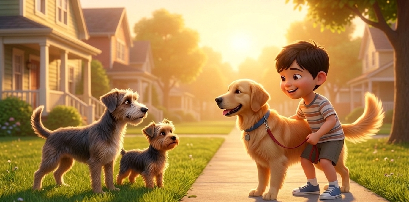 A young boy walking his golden retriever meets two small dogs in a sunny neighborhood.