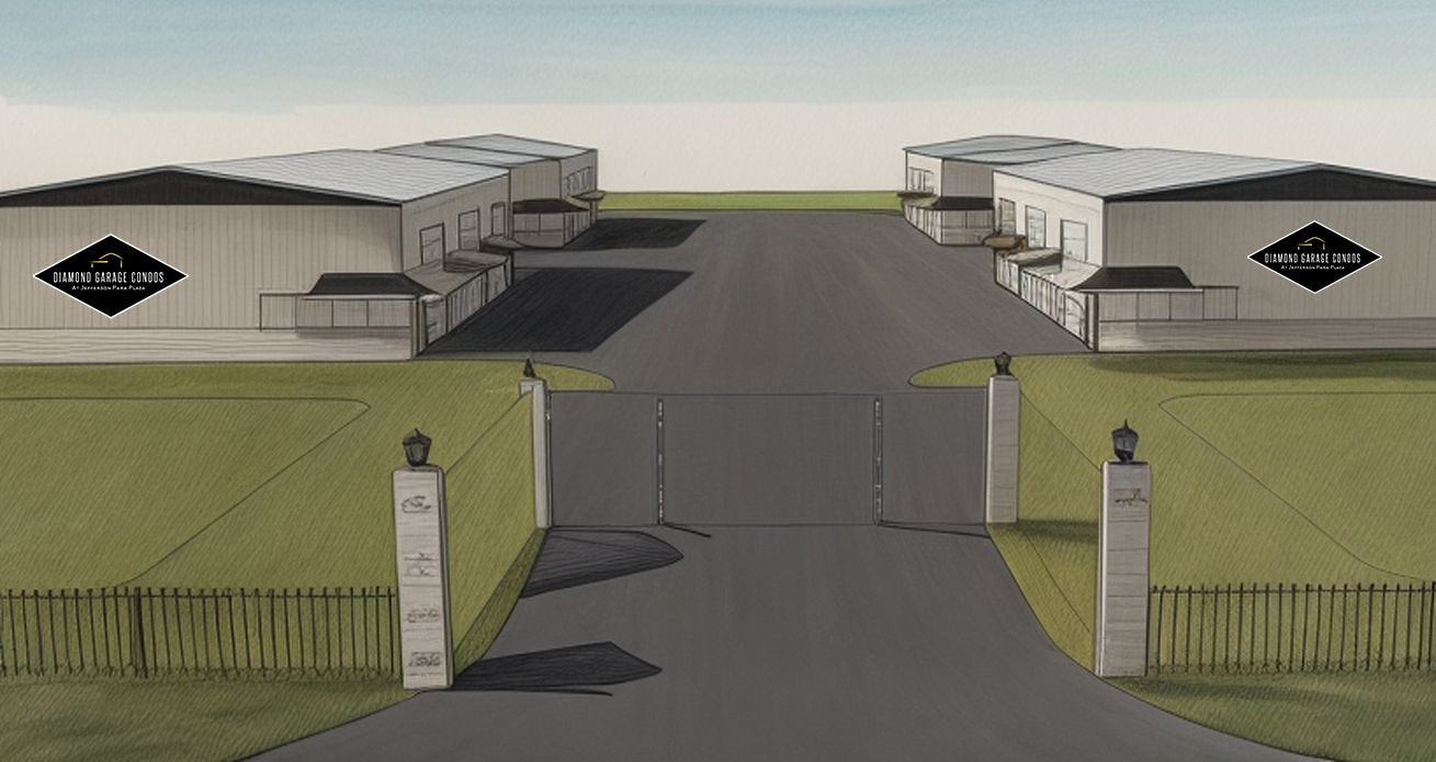 Rendering of a road with a gated entrance to Diamond Garage Condos
