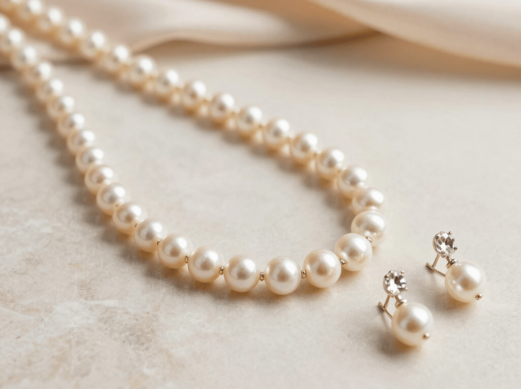 A close-up shot of a delicate pearl necklace resting on a soft linen fabric.