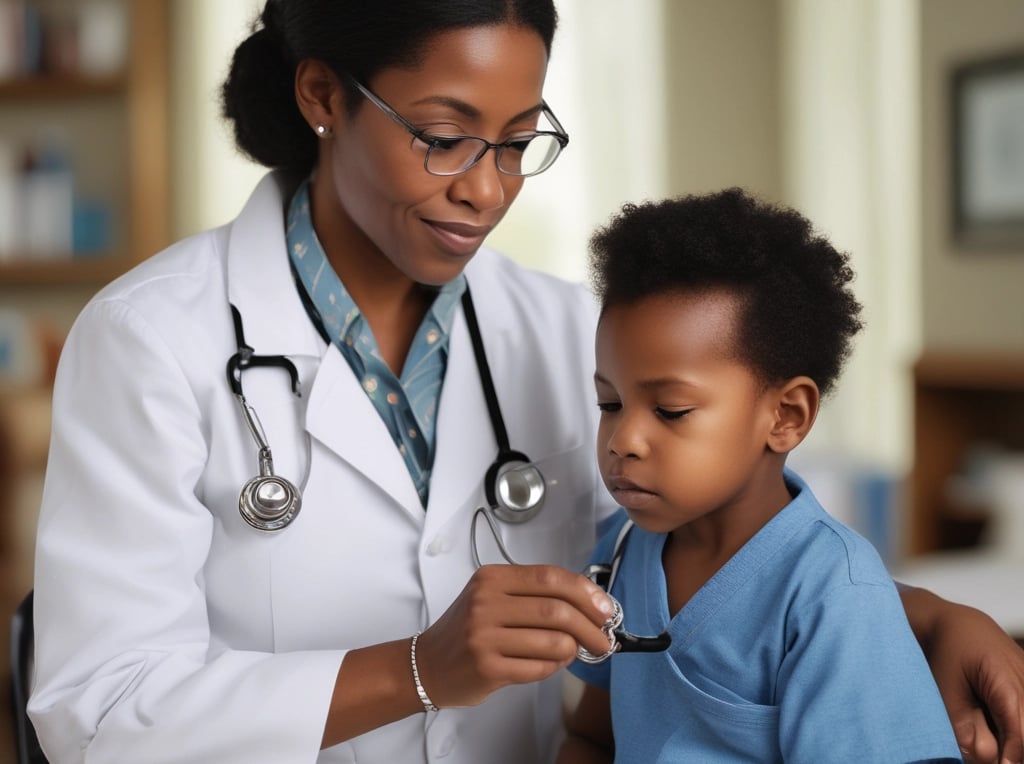 Female pediatrician in white coat using a stethoscope to examine a young boy during a medical checkup.