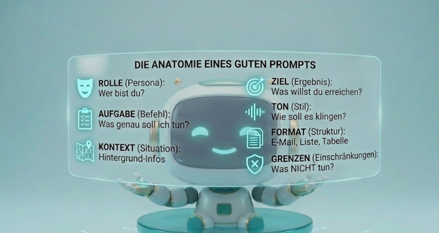 KI-Assistent präsentiert eine Infografik zur Anatomie eines Prompts mit Rolle, Kontext und Ziel