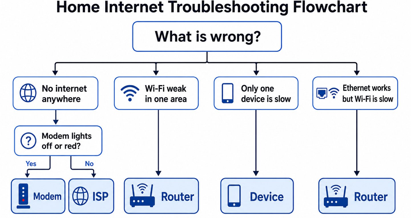 Flowchart showing whether to check the modem, router, device, or ISP for internet problems.