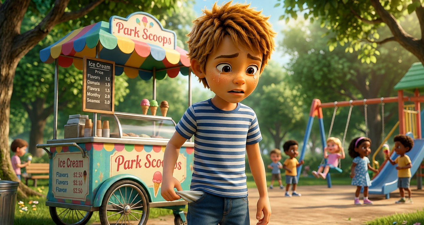 Crying boy showing empty pockets next to a colorful ice cream cart in a sunny park playground.