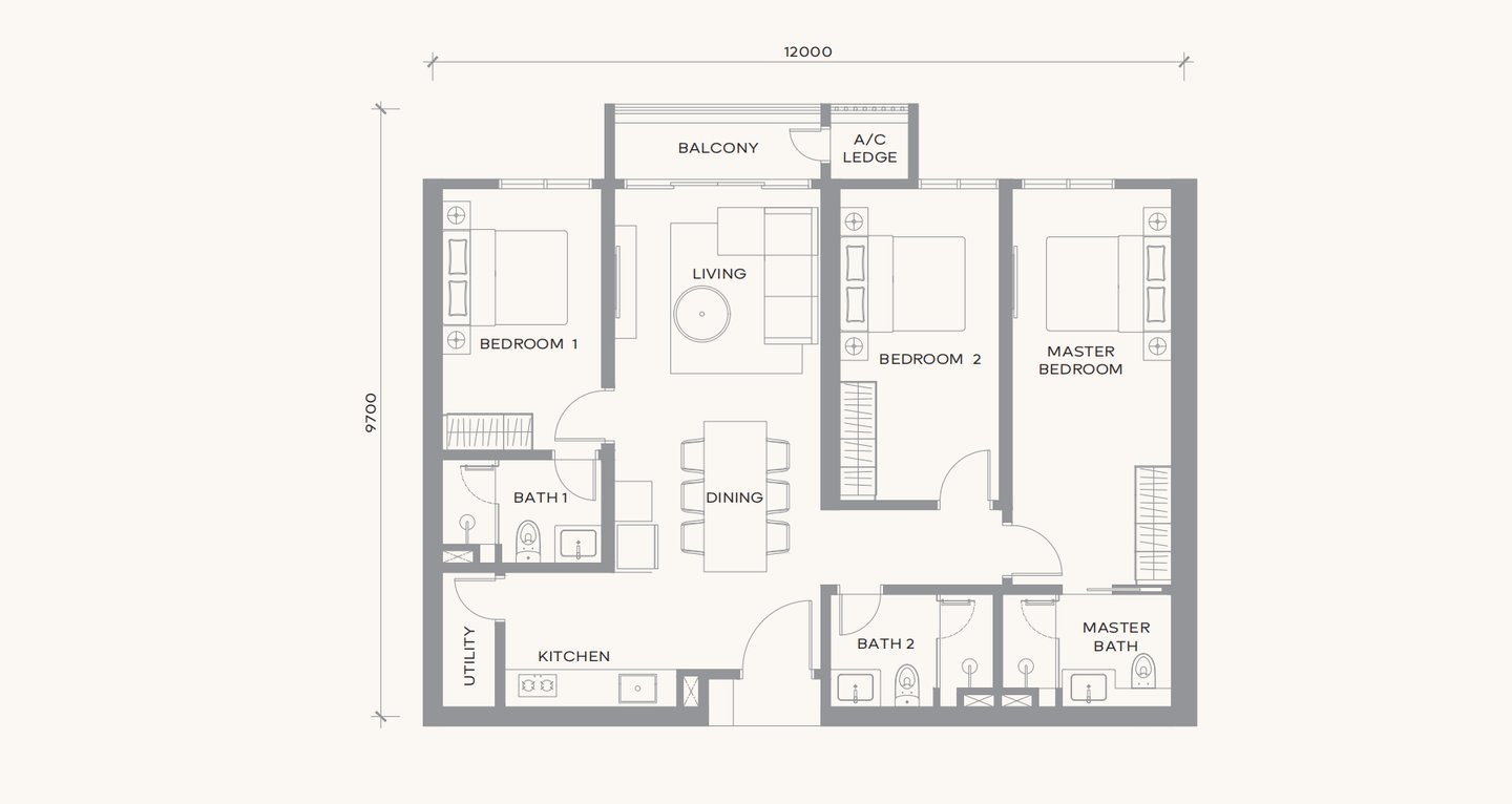 Detailed 3-bedroom apartment floor plan showing master suite, living area, kitchen, and balcony layout.