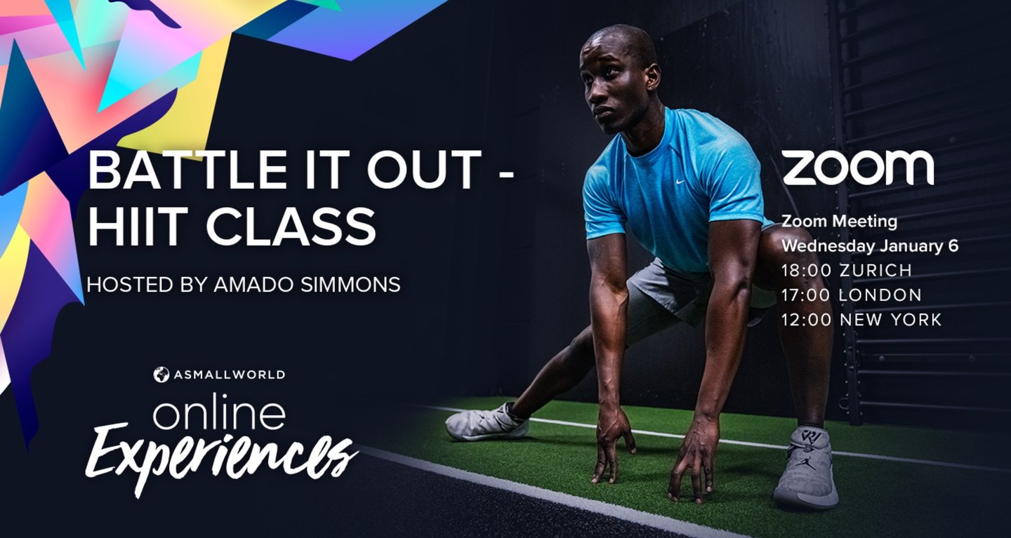 Promotional banner for an online HIIT class hosted by Amado Simmons on Zoom.
