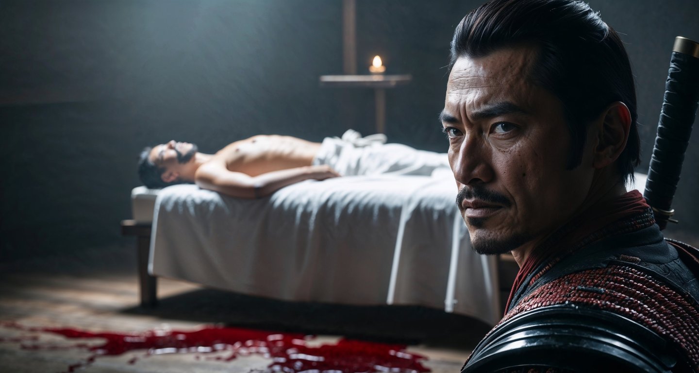 Lord Kira Yoshinaka lies dead, Ōishi Yoshio stands before him