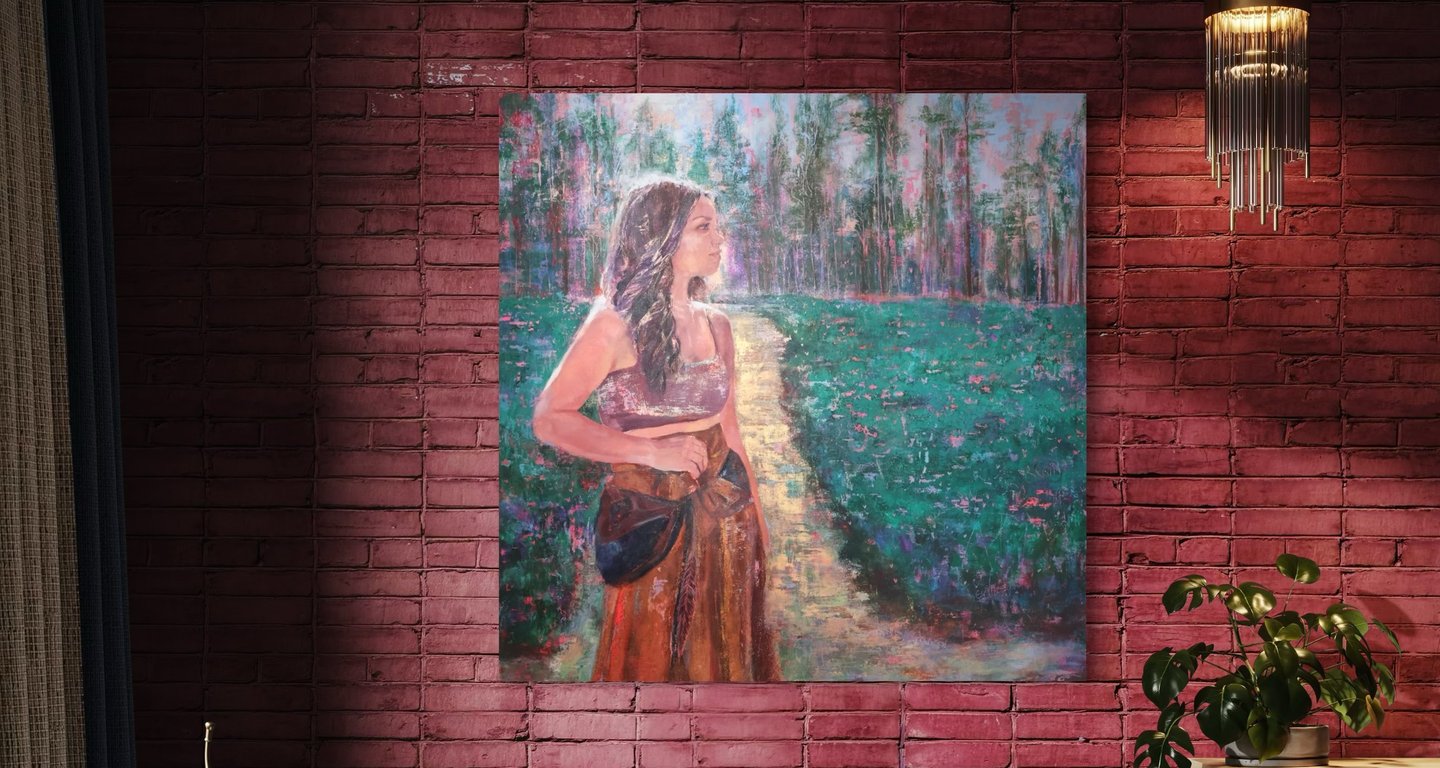 Sacred Light portrait artwork displayed in a peaceful home space