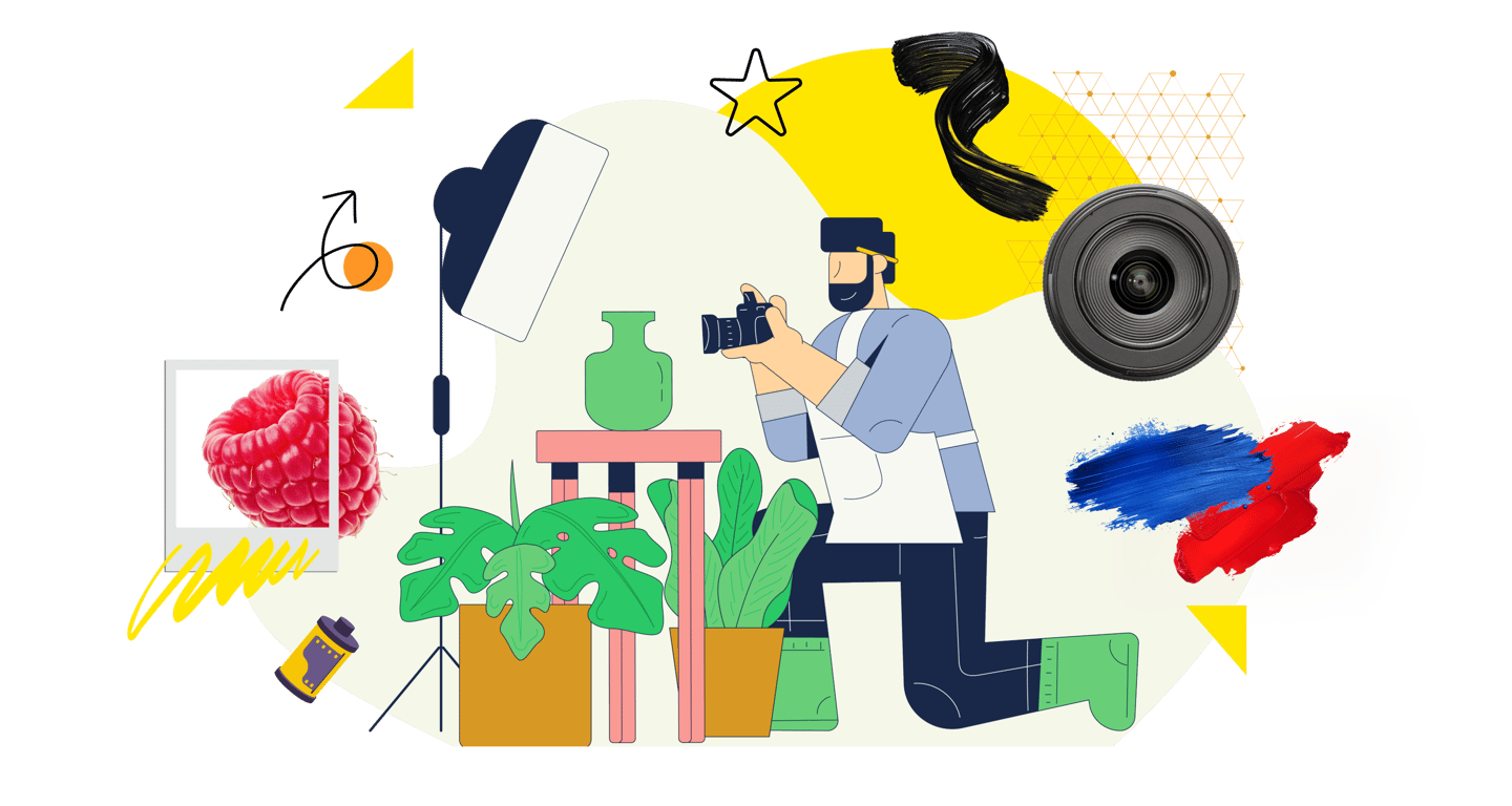 Professional photographer using a digital camera for studio product photography and artistic content creation.