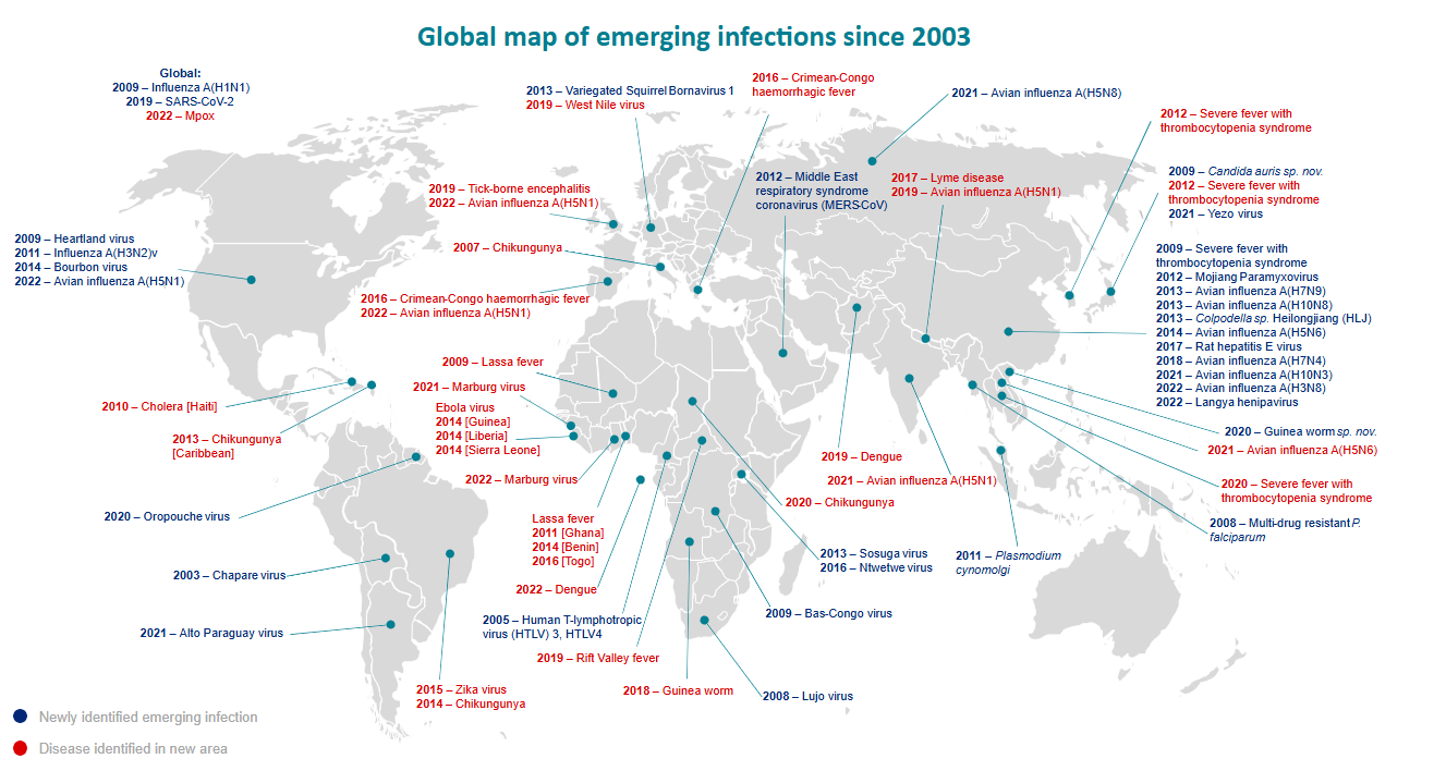 map of emerging diseases that are relevant in travel heatlh 