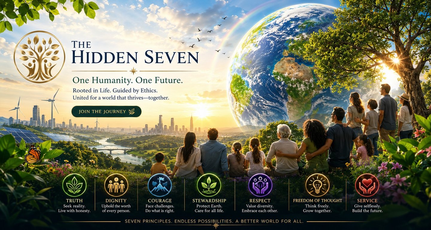 A diverse group of people overlooking a sustainable city and planet Earth, representing ethical global citizenship and