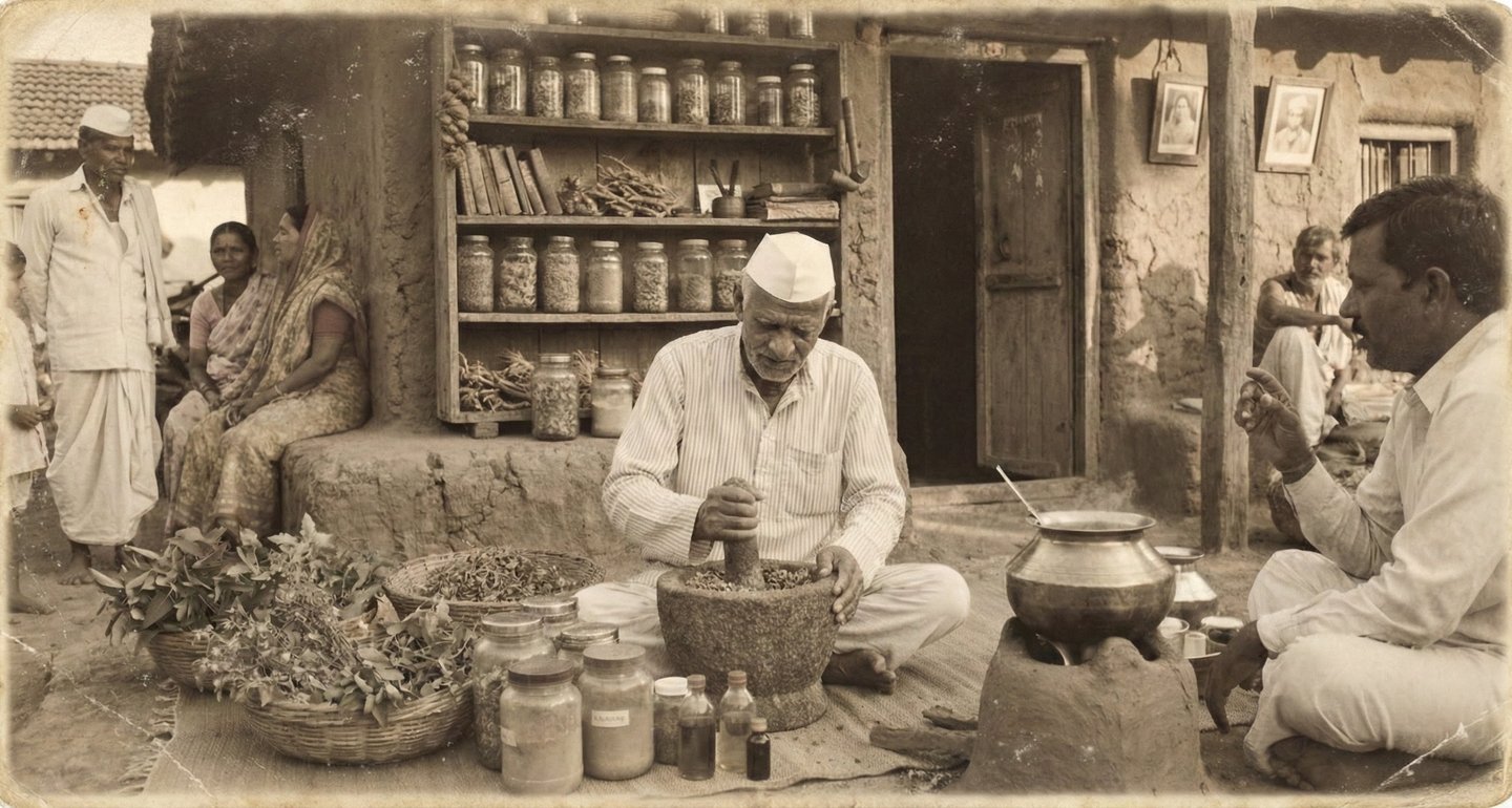 a man sitting on a bench in a village made herbal remedies