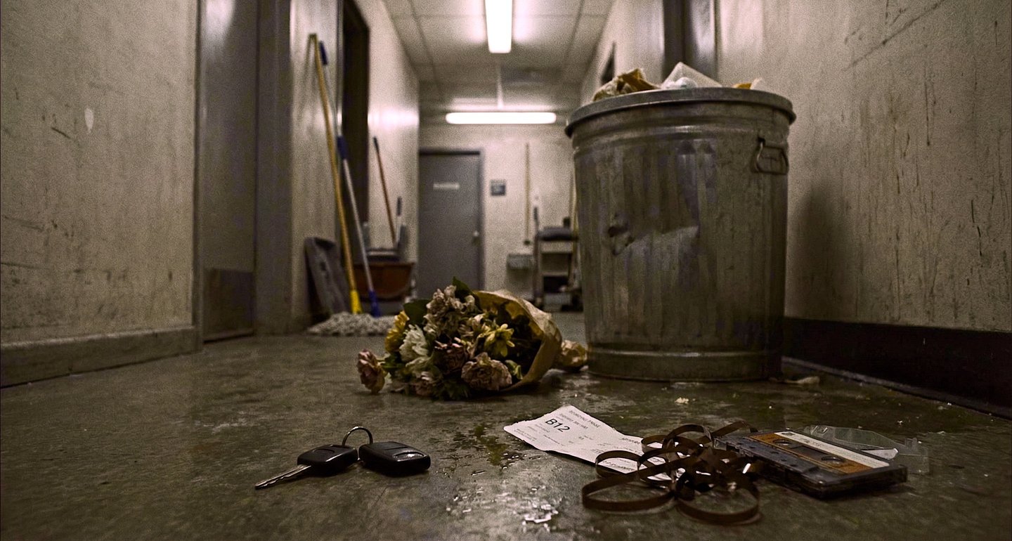 Trash can in a hallway containing discarded items after a pop culture event.