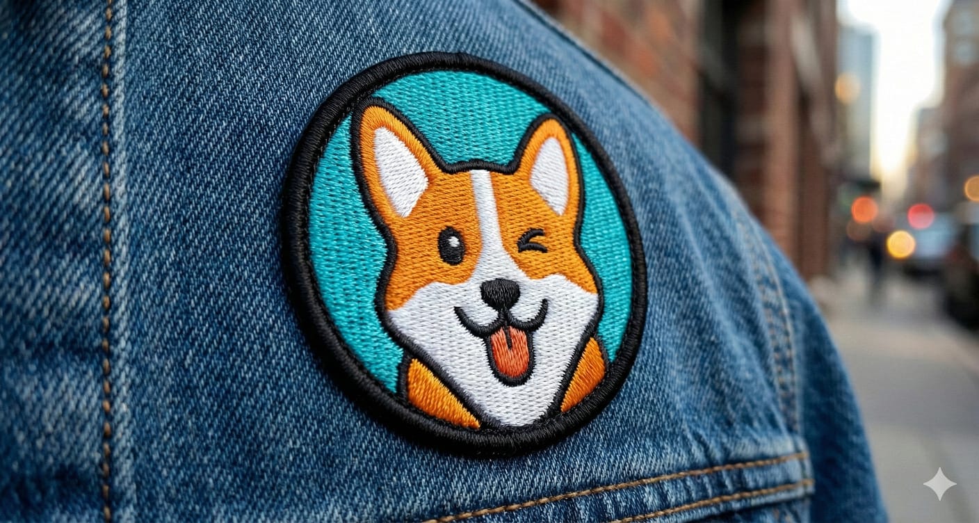 Parche de corgi bordado con con diseño único en una chamarra de mezclilla.