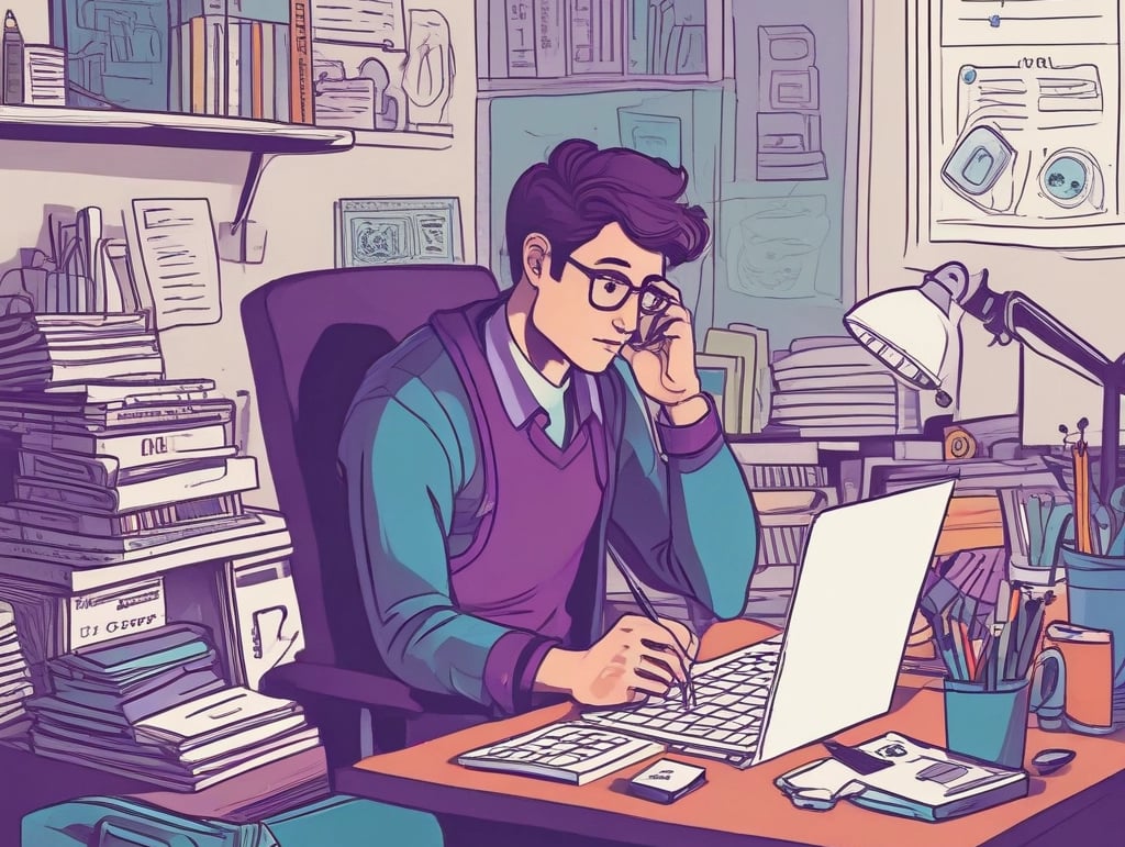 An illustration of a student wearing glasses studying at a cluttered desk with a laptop and stacks of books.