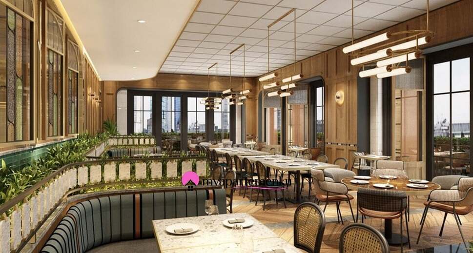 a restaurant with a long table and chairs