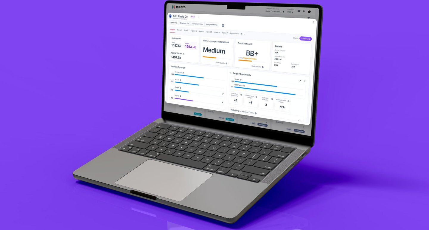 Laptop screen of supplier insights dashboard in a purple background.