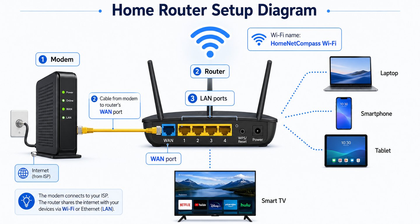Home router connected to a modem with labeled WAN port, LAN ports, Wi-Fi name, and connected devices