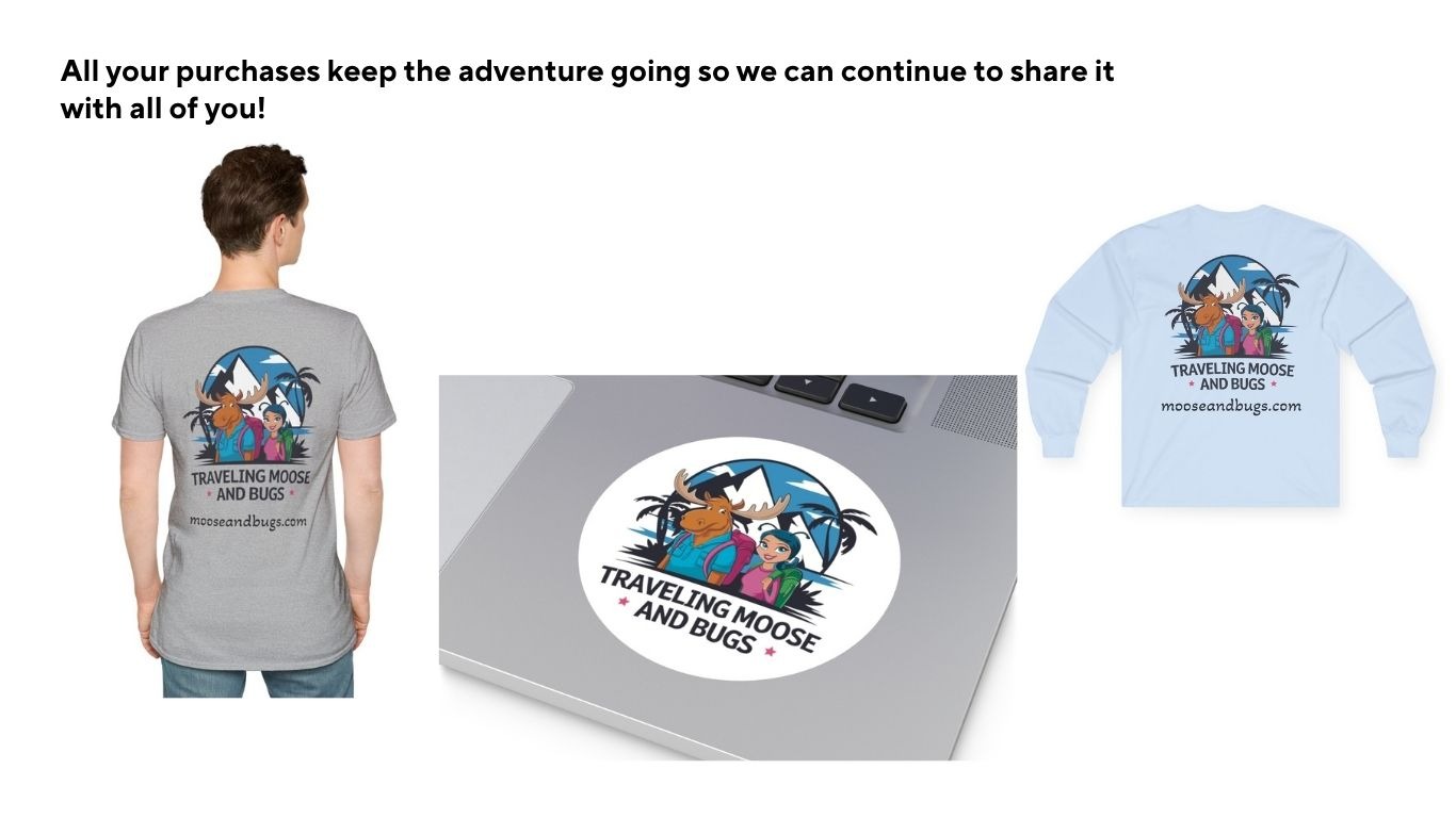 A collage showing a sample Moose and Bugs merchandise, a t-shirt, vinyl sticker & long sleeve shirt.