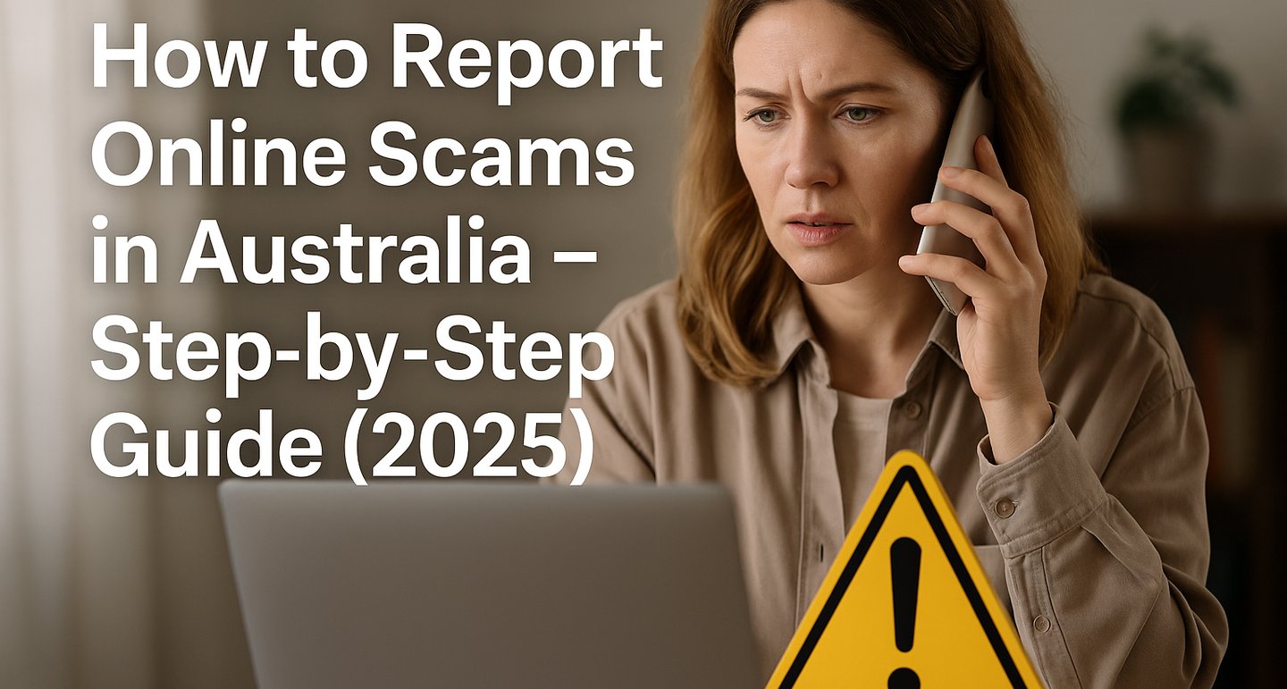  "A person using a laptop and smartphone to report an online scam on an Australian government websit