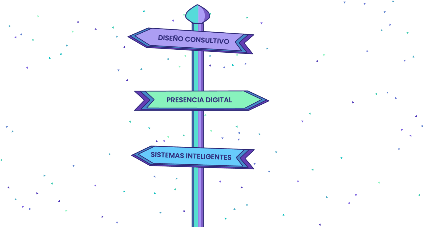 Señal con tres direcciones: diseño consultivo, presencia digital y sistemas inteligentes.