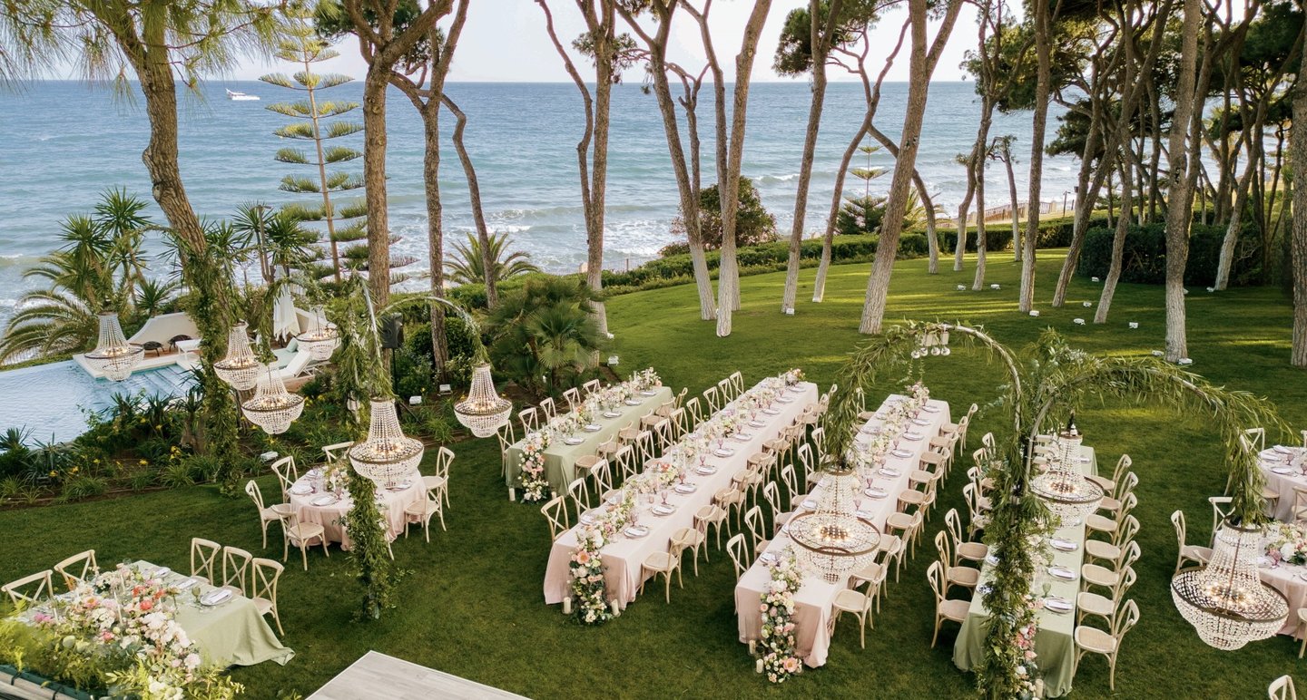 Aerial view of Villa El Rincon in Marbella during a luxury seaside destination wedding with Mediterranean scenery.