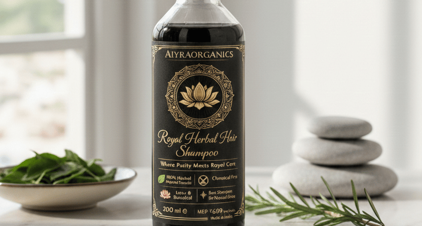 A bottle of Aiyra Organics Royal Herbal Hair Shampoo on a marble counter with fresh rosemary and herbs.