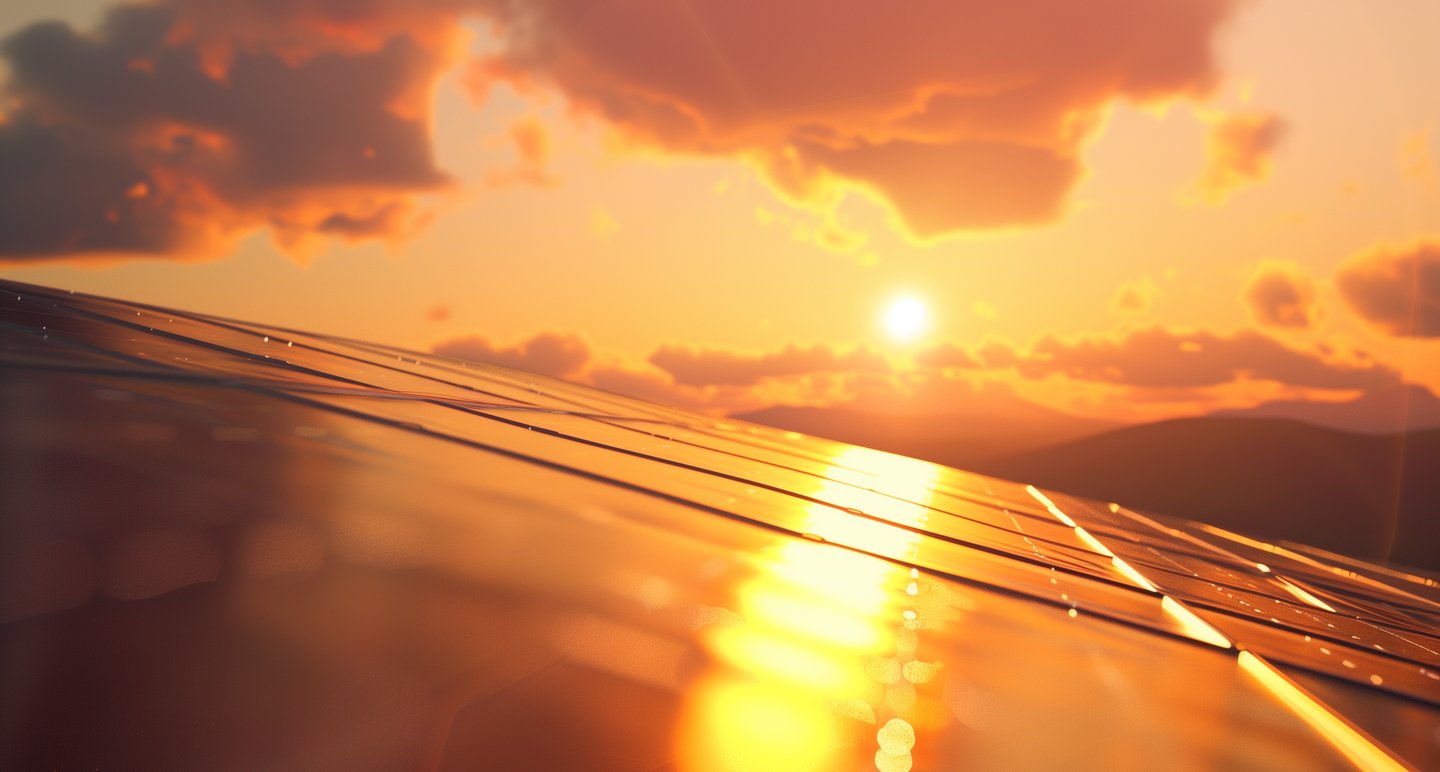 a solar panel top with a sunset, solar energy warm
