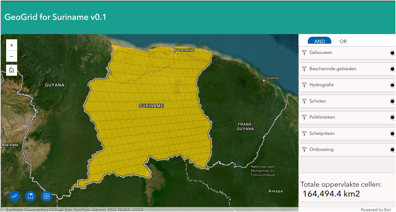 GeoGRID for Suriname v0.1 — national geospatial proof-of-concept showing a grid overlay across Suriname with land-use and environmental data layers