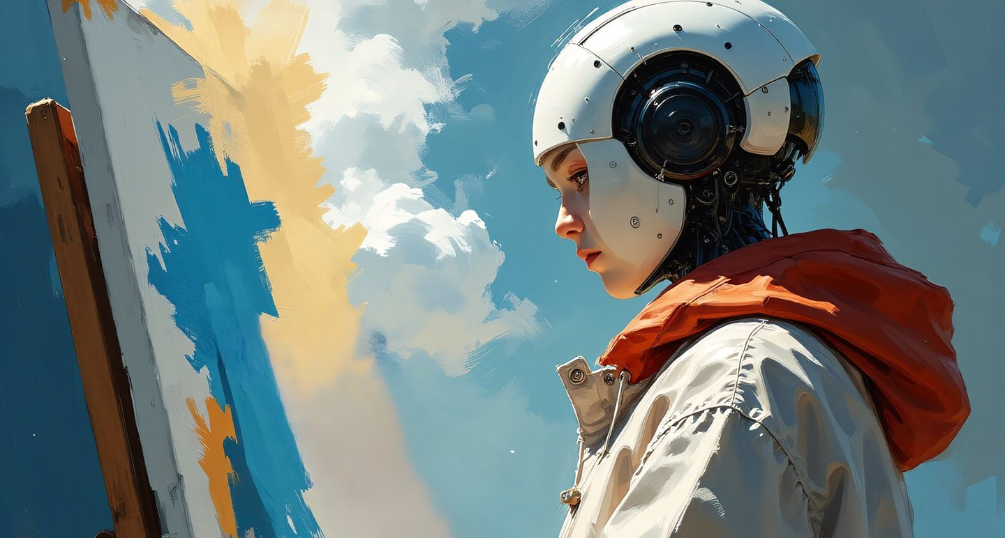 AI half-robot artist looking at a canvas